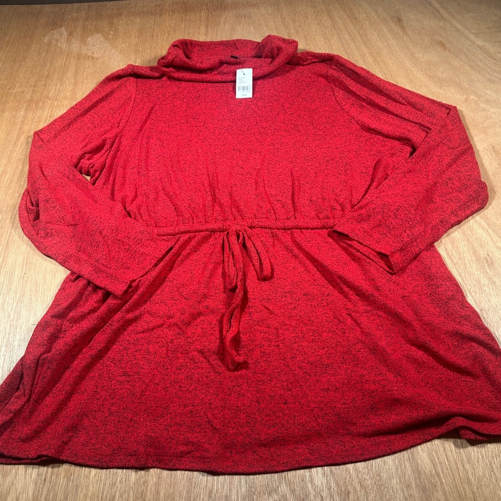 Lane Bryant Tunic Top Women 22/24 Red Marled Cowl Neck Drawstring Waist Knit